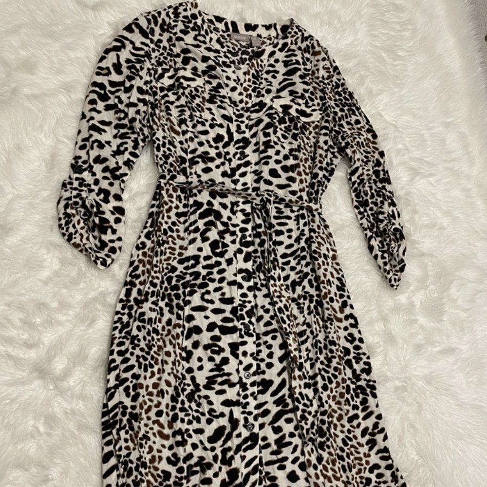 Chico's Mixed Pattern Animal Print Linen Button down Tie Belt Dress 16